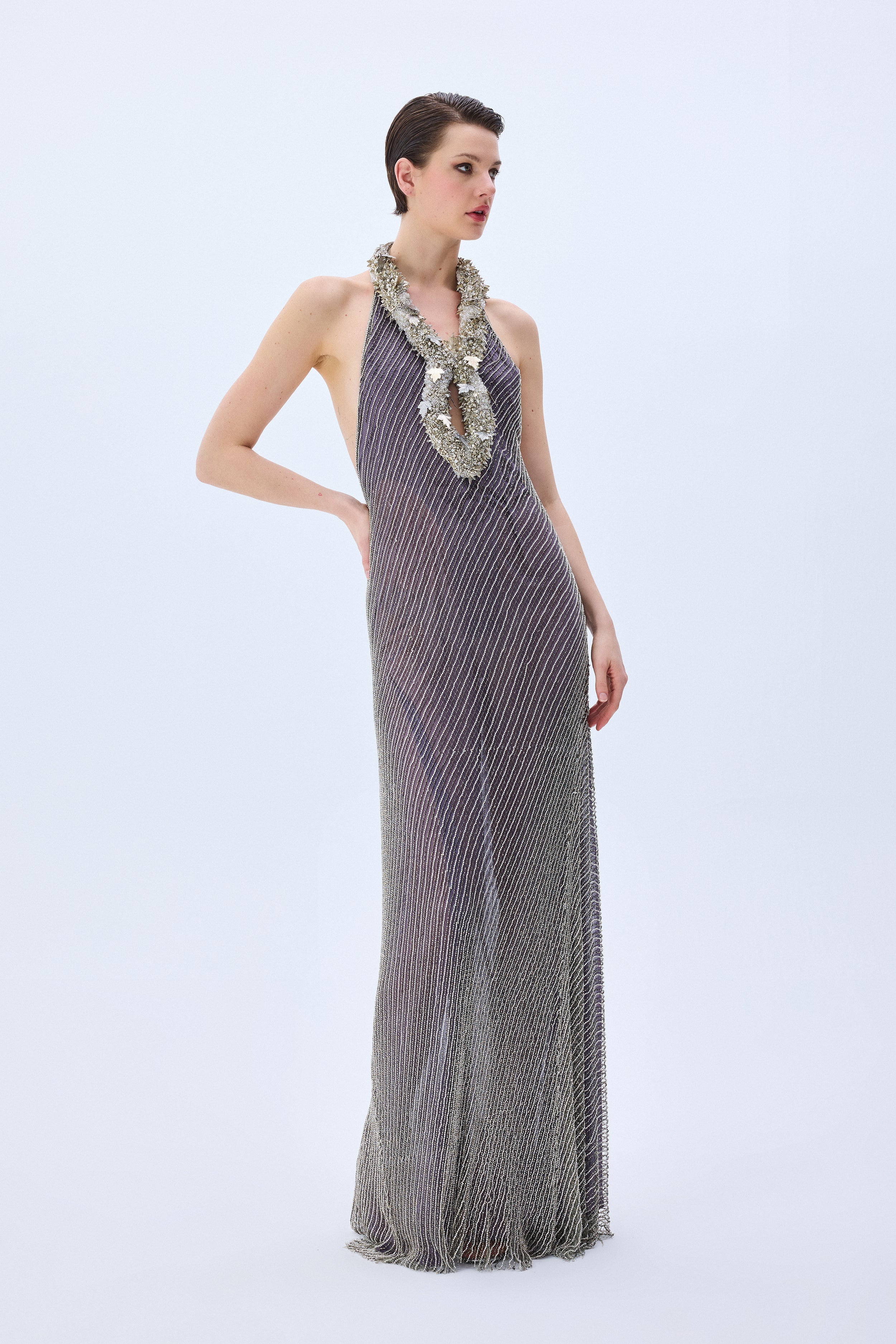 metallic feather dress Sequined Net Anthracite Metallic Dress With Metallic Feather Necklace –  RAISA VANESSA INT