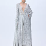 Chiffon Silver Fully Sequined Kaftan With Crystal Belt