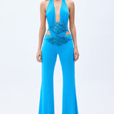 Blue Flare Pants With Handmade Belt Detail