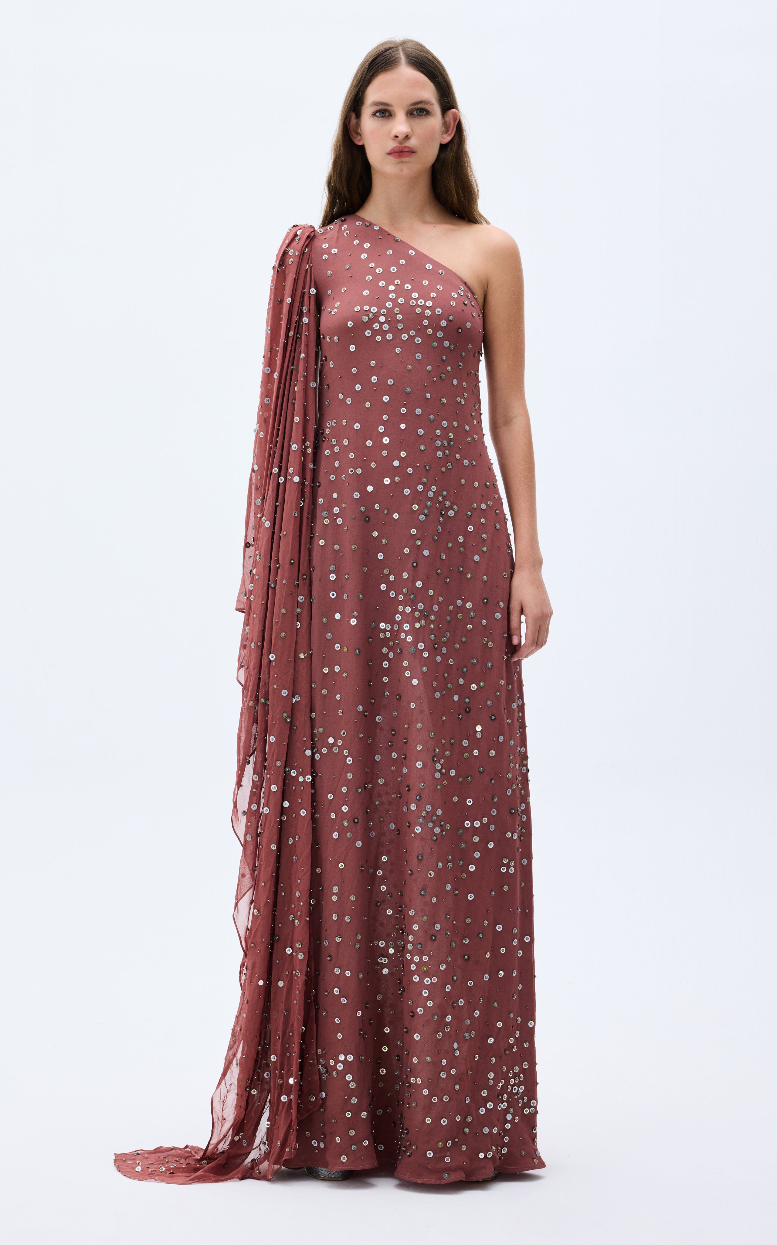 Pale Brick Sequined Chiffon One Shouldered Maxi Dress With Stone Embel –  RAISA VANESSA INT