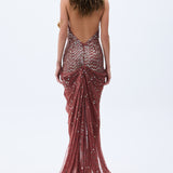 Pale Brick Sequined Chiffon Vase Gown With Slit & Stone Embellishments