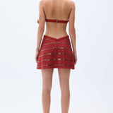 Brick Linen Mini Dress With Sequined Stripes & Handmade Rope Detailed Bra