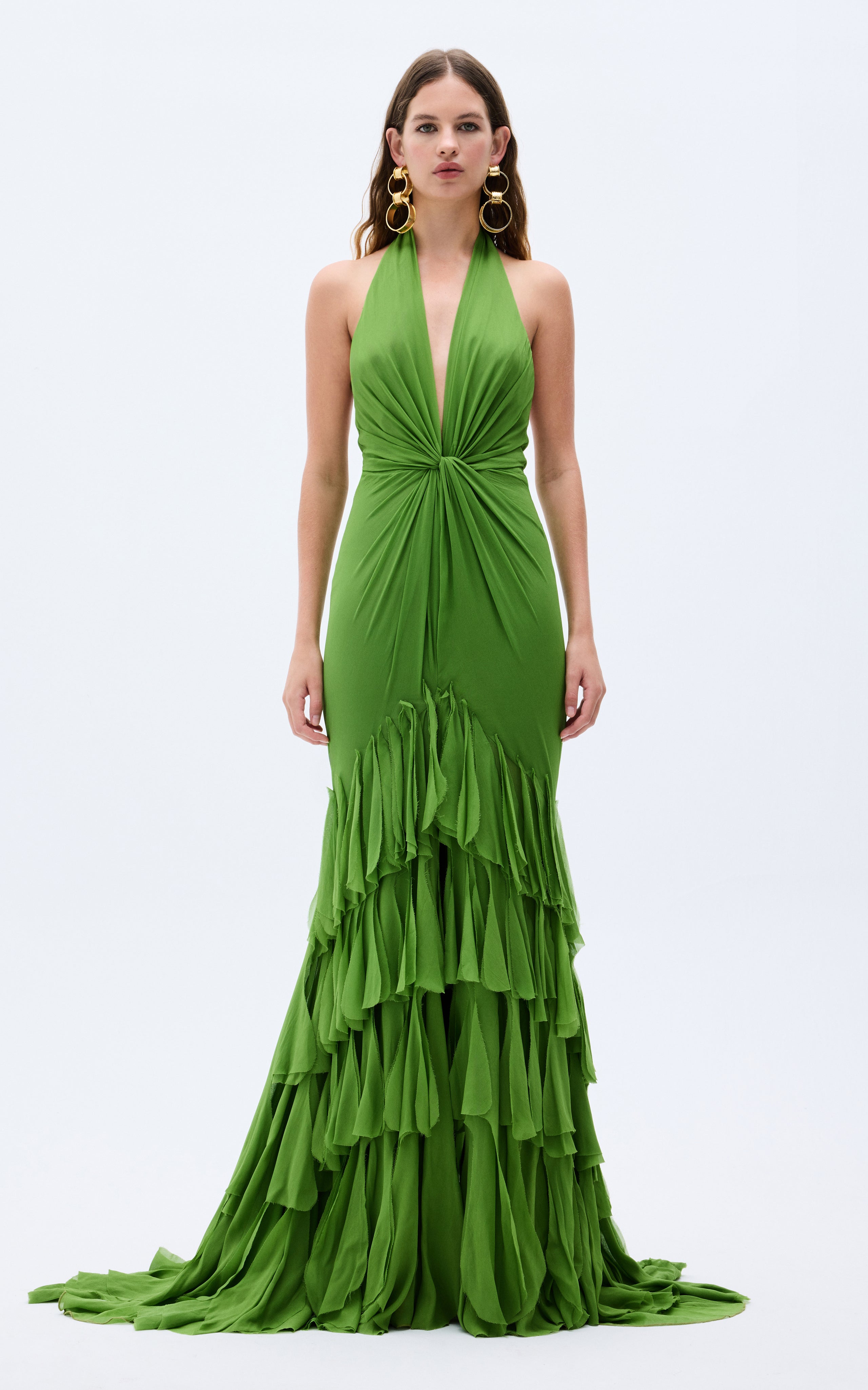 Pistachio Green Chiffon Laser Cut Frilled Gown With Slit In The Front RAISA VANESSA INT Pistachio Green Chiffon Laser Cut Frilled Gown With Slit In The Front RAISA VANESSA INT