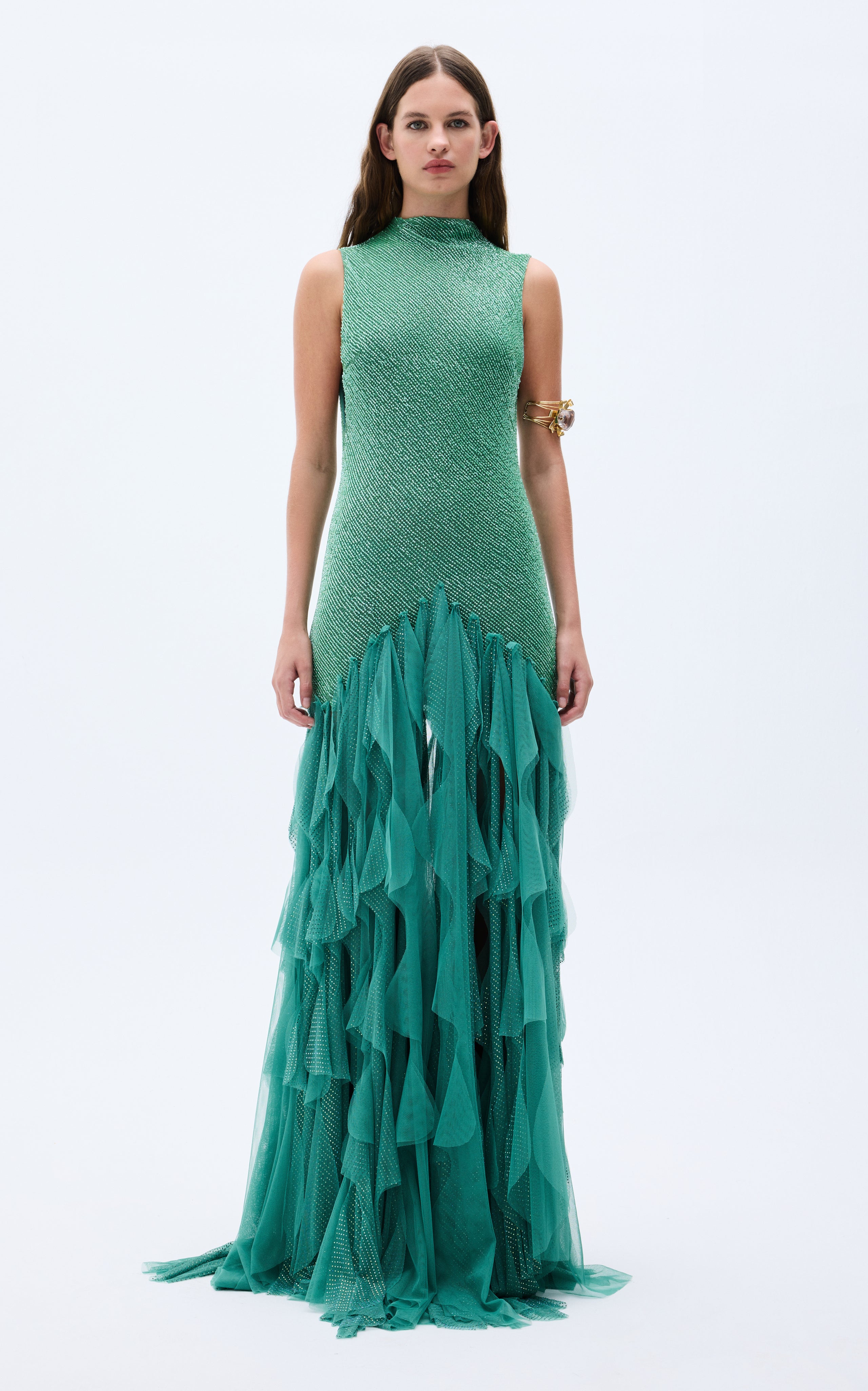 Green Sequined Net Gown With Stone Embellished Laser Cut Fringes RAISA VANESSA INT Green Sequined Net Gown With Stone Embellished Laser Cut Fringes RAISA VANESSA INT