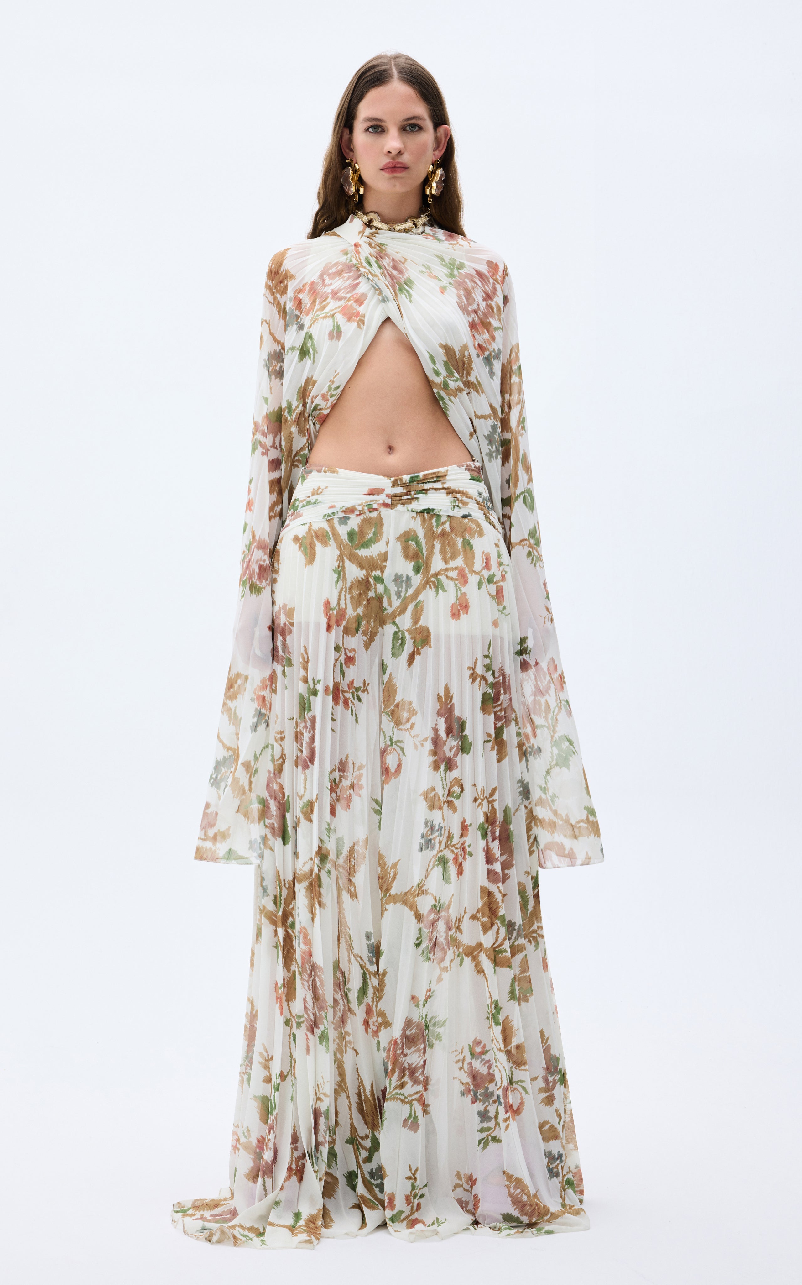 floral print flared sleeve pleated chiffon dress Fashion Floral Print Flared Sleeve Pleated Chiffon Dress DressBerry Blue Floral  Printed Flared Sleeve Pleated Detail