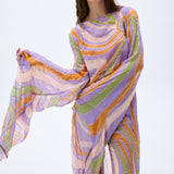 Gold Beaded Printed Chiffon Top With Long Back And Flare Sleeves