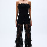 Black Guipure Wide Leg Pants With Flower Embroidery Detail
