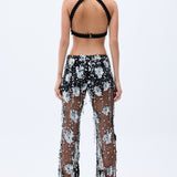 Flower Shaped Sequin Embroidered Black Net Flare Pants