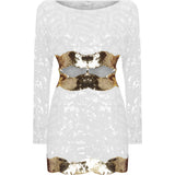 White Mini Dress With Cutout Waist And Patterned Sequin Details