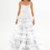 White Strapless Ruffled Tulle Maxi Gown