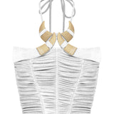 White Buzzy Corset Top With Drape And Gold Ivory Accessory Details