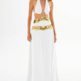 White Linen Halter Neck Maxi Dress With Cutouts And Gold Wavy Sequin Details