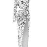 White One Shoulder Maxi Dress With Patterned Sequin And High Sut Details