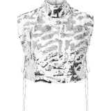 White Turtle Neck Crop Top With Patterned Sequin Details