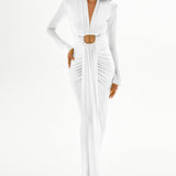 White Buzzy Long Sleeve Maxi Dress With Shoulder Pads And Drape Details