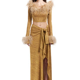 Glittered Knit Midi Skirt With High Slit and Bow Detail