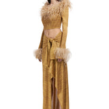 Glittered Knit Midi Skirt With High Slit and Bow Detail