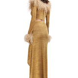 Glittered Knit Midi Skirt With High Slit and Bow Detail