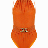 Glittered Halter Neck Swimsuit With Chain Belt Detail