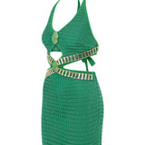 Halter Neck Cutout Knit Mini Dress With Gold Buckle Details