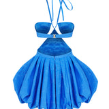 Halter Neck Mini Baloon Faille Cutout Dress With Crystal-Embellishement