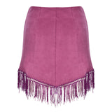 Knit & Suede Mini Skirt With Fringe and Gold Buckle Details