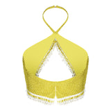 Crystal Embellished Beade Fringed Halter Neck Top