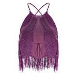 Knit & Suede Halter Neck Top With Fringe Details