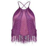 Knit & Suede Halter Neck Top With Fringe Details