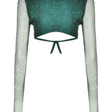 Crystal Embellished Fishnet Open Back Long Sleeve Cutout Crop Top