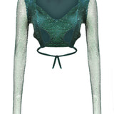 Crystal Embellished Fishnet Open Back Long Sleeve Cutout Crop Top