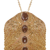 Halter Neck Gold Chain and Rhine Stone Chiffon Backless Crop Top With Gemstone Details