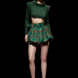 Mini Puffy Skirt In Ecose Green Taffeta with Belt