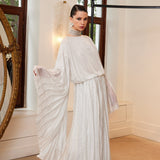 Silver Embellished Boatneck White Maxi Dress With Pleated Sleeves