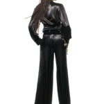 Black Wide Leg Pants With Gold Buttons and Velvet Waist