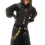 Black Wide Leg Pants With Gold Buttons and Velvet Waist
