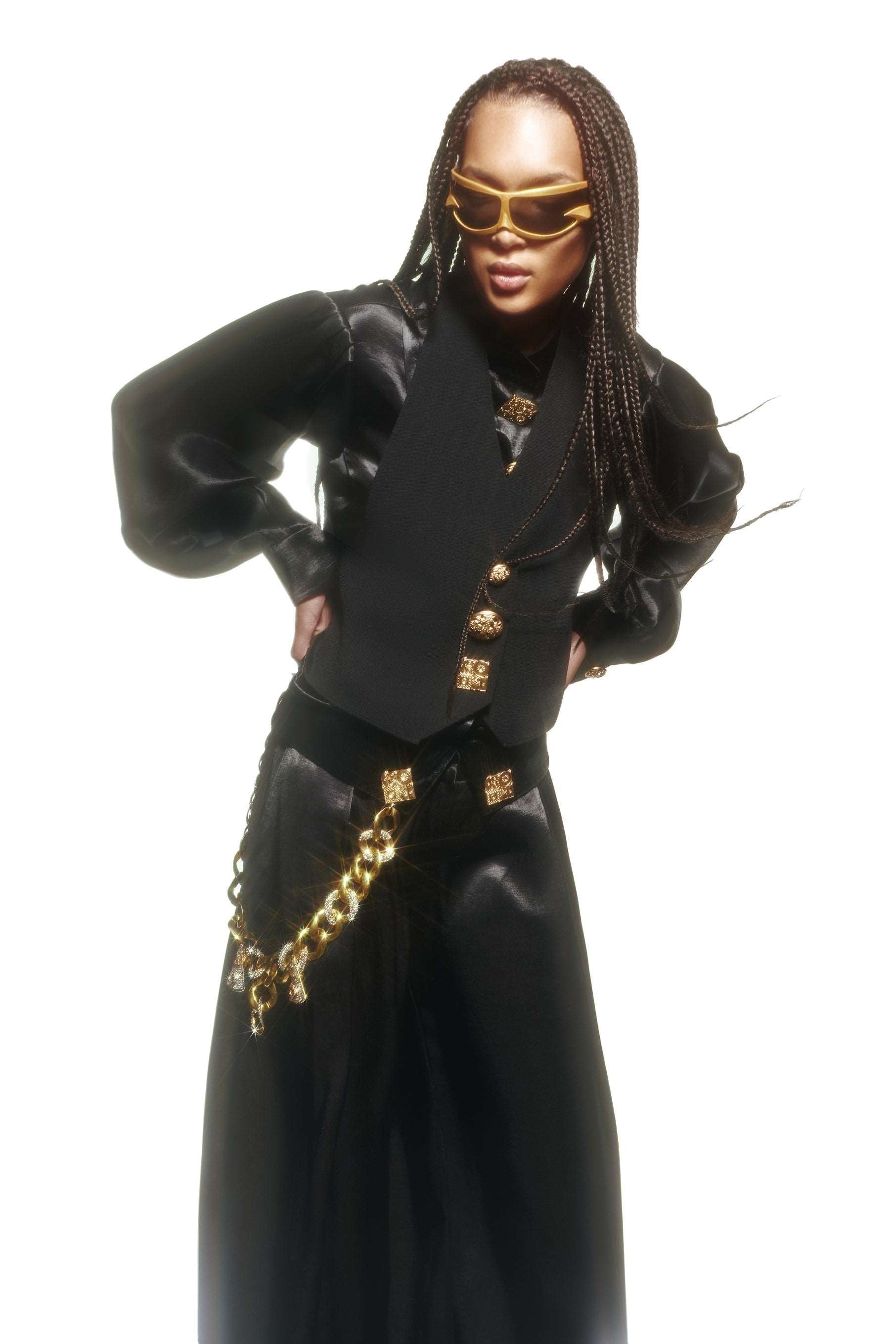 Black Wide Leg Pants With Gold Buttons and Velvet Waist