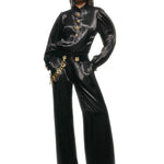 Black Wide Leg Pants With Gold Buttons and Velvet Waist
