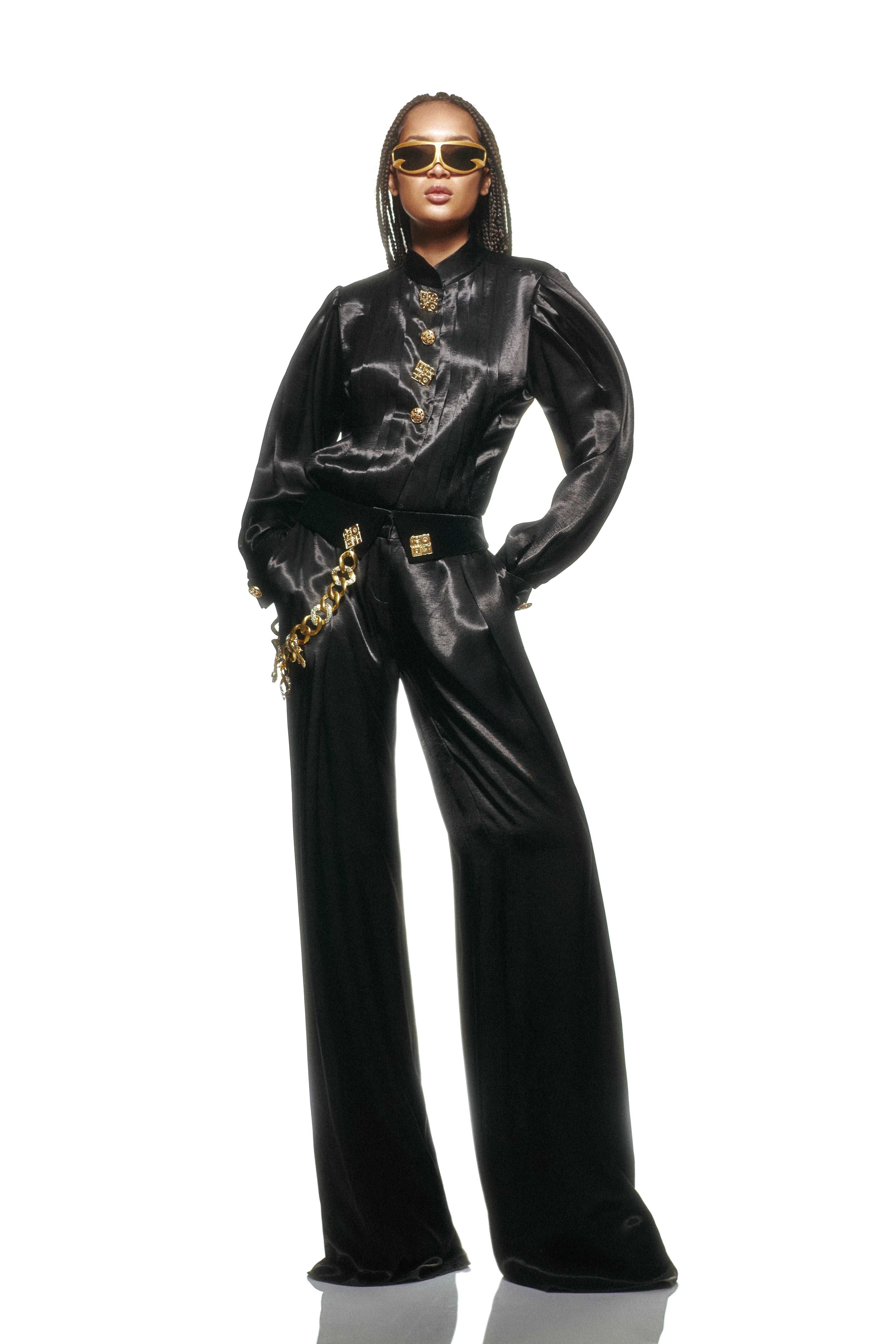 Black Wide Leg Pants With Gold Buttons and Velvet Waist