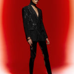 Black Sequined Print Blazer Dress with V-Neck