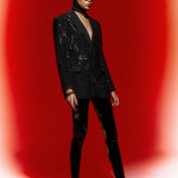 Black Sequined Print Blazer Dress with V-Neck