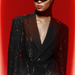 Black Sequined Print Blazer Dress with V-Neck