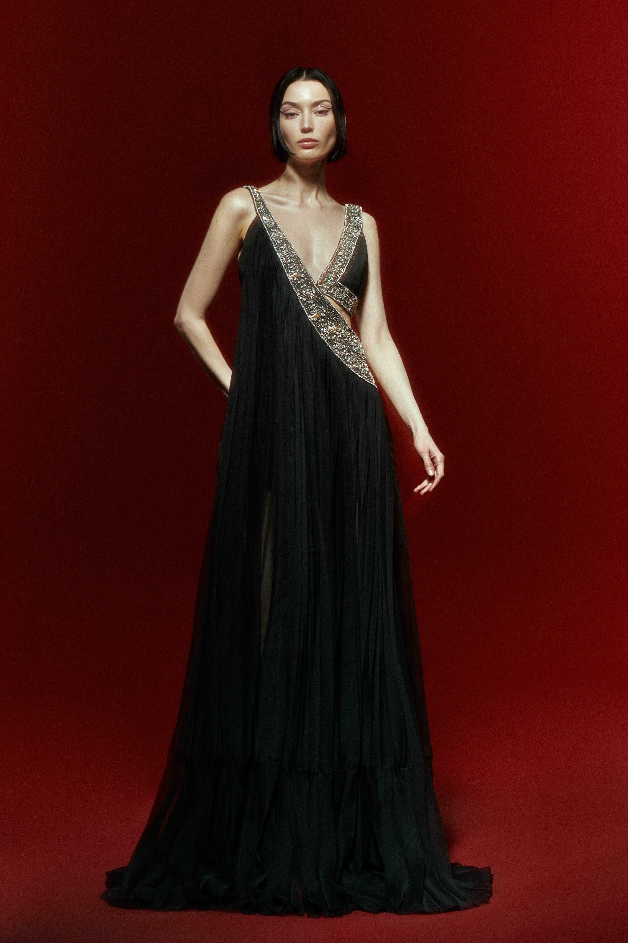 Black Pleated Chiffon Maxi Dress with Cutout and Crystal Beading Detai RAISA VANESSA INT Black Pleated Chiffon Maxi Dress with Cutout and Crystal Beading Detai RAISA VANESSA INT
