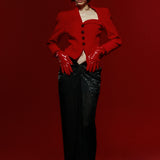 Red Crepe Asymmetric Neck Jacket With Black Stone Buttons