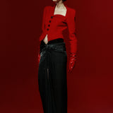 Red Crepe Asymmetric Neck Jacket With Black Stone Buttons