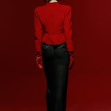 Red Crepe Asymmetric Neck Jacket With Black Stone Buttons