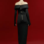 Black Corset Midi Dress with Off-Shoulders And Gold Details