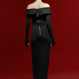 Black Corset Midi Dress with Off-Shoulders And Gold Details