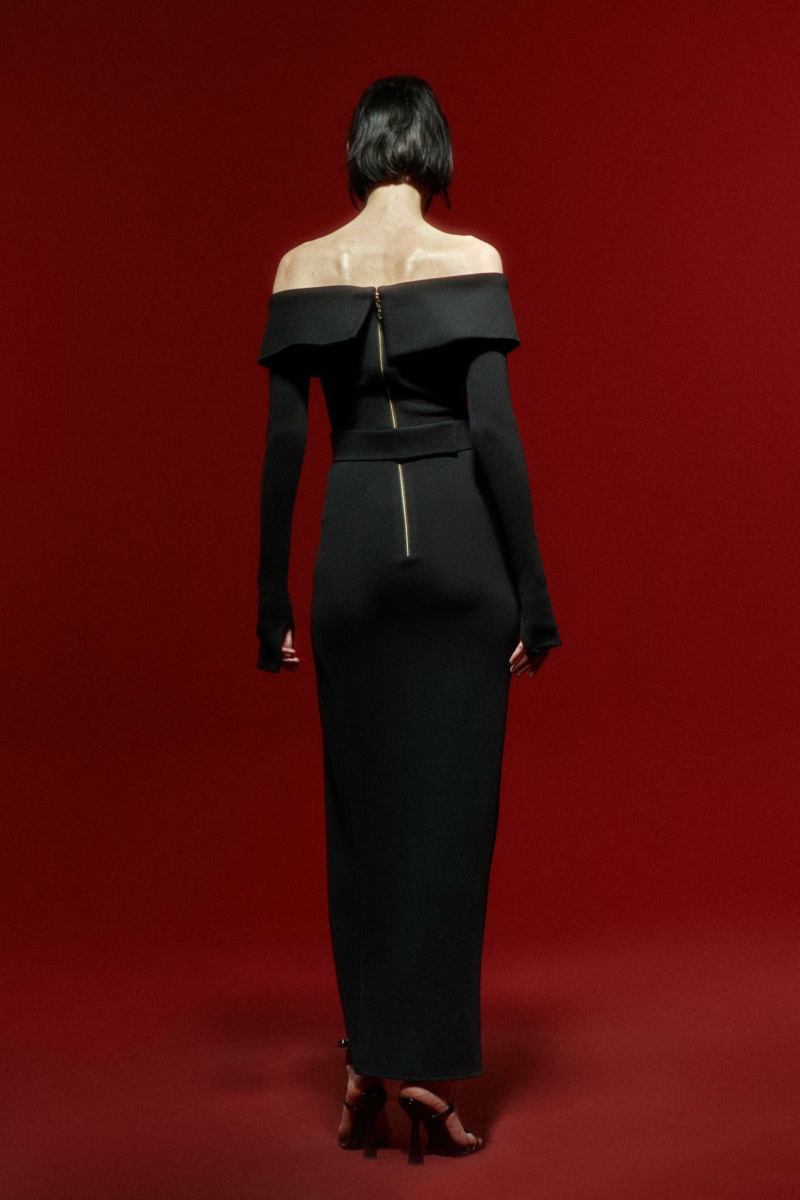 Black Corset Midi Dress with Off-Shoulders And Gold Details