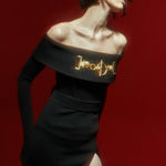 Black Corset Midi Dress with Off-Shoulders And Gold Details